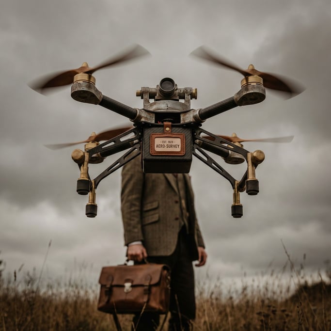 A drone mid-flight against an overcast sky, propellers blurred, body sharp, shot from below
