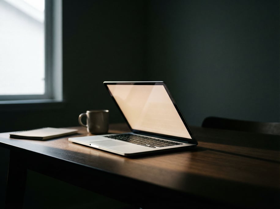 A laptop half-open in a dim room, screen light cutting through the darkness softly (49oosw0l)