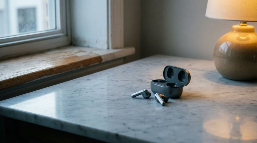 Earbuds spilling from their case onto a marble surface, morning light catching the metallic finish (hbey1wv6)