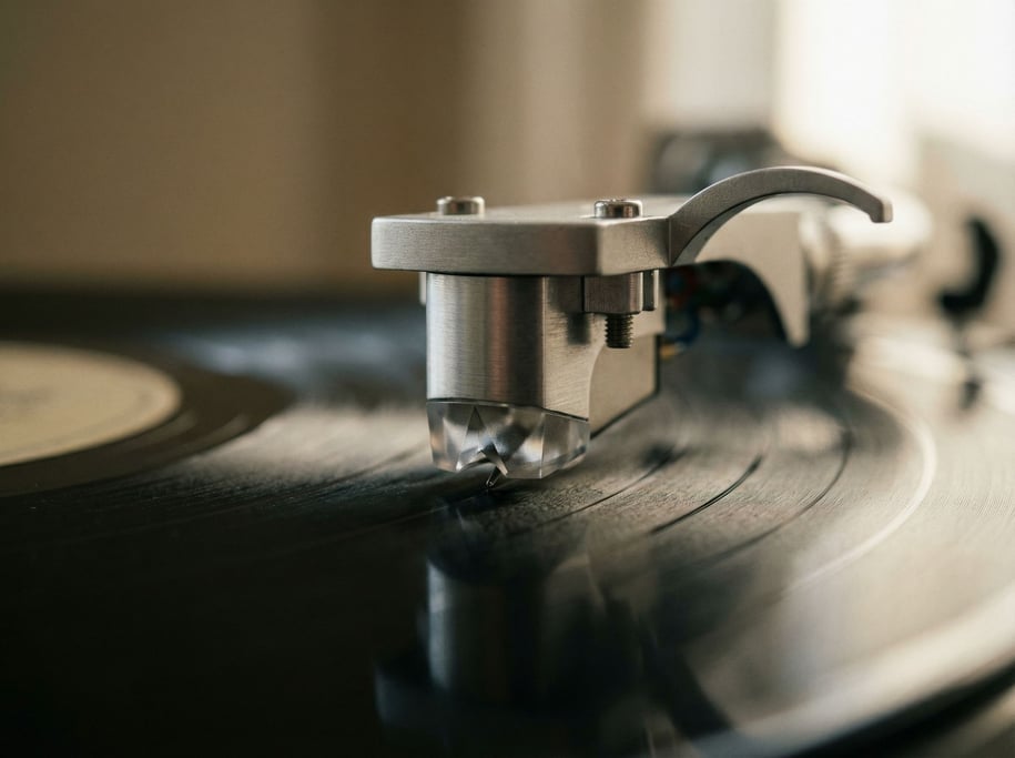 A turntable cartridge and stylus in extreme macro, diamond tip visible, vinyl grooves below