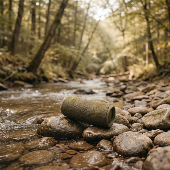 A portable Bluetooth speaker on wet river rocks beside a stream, outdoor ambient light (hn18sche)