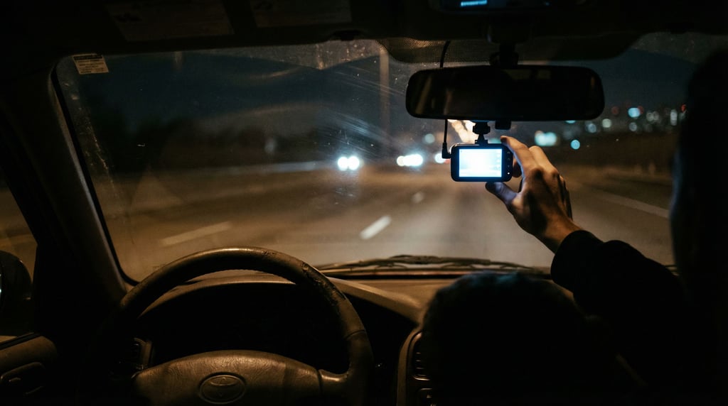 A dash cam mounted on a windshield, highway stretching ahead, dashboard details in foreground (vymfzxux)