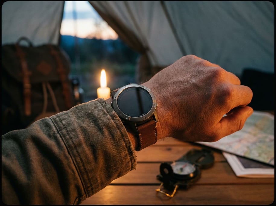 A smartwatch on a bare wrist, natural light, skin texture visible, intimate and personal (kq8xlhh9)