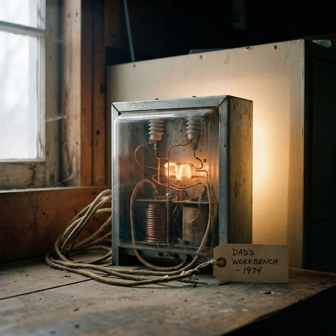 A vintage neon sign transformer with exposed wiring, buzzing with electricity, warm amber glow (c2xy1wbr)