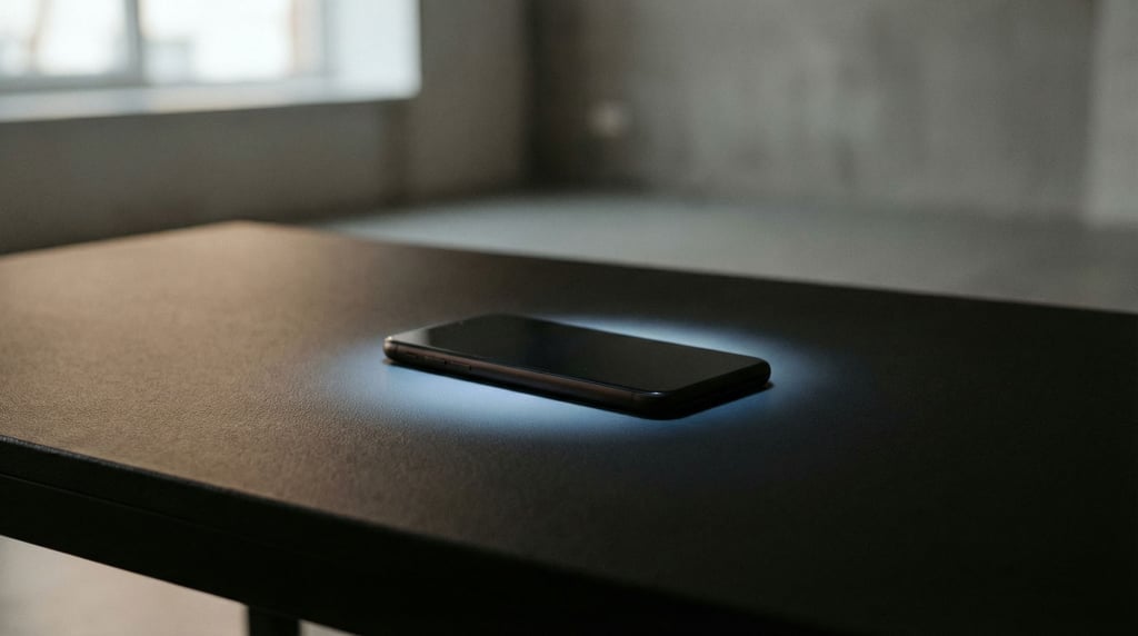 A smartphone face-down on a matte black table, screen glow casting a faint cool reflection upward (tb0ehx8z)