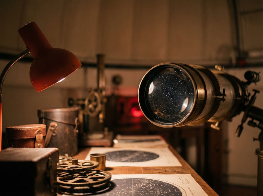 A telescope eyepiece with a star field reflected in the glass, observatory setting, red dim light