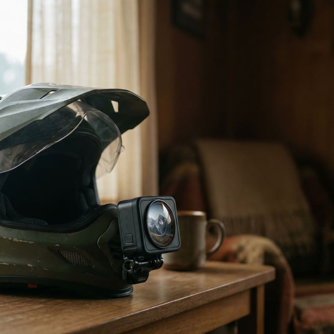An action camera mounted on a helmet visor, reflection of mountains in the lens, adventure context (gsa9qxxp)
