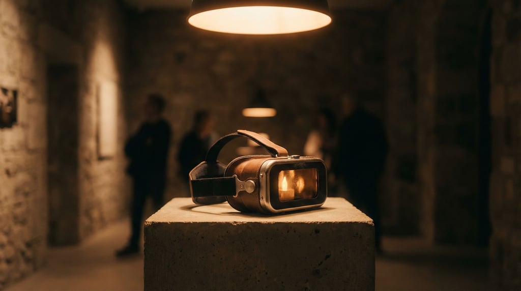 A VR headset resting on a concrete pedestal like a museum piece, single overhead spotlight (vvphlbtt)
