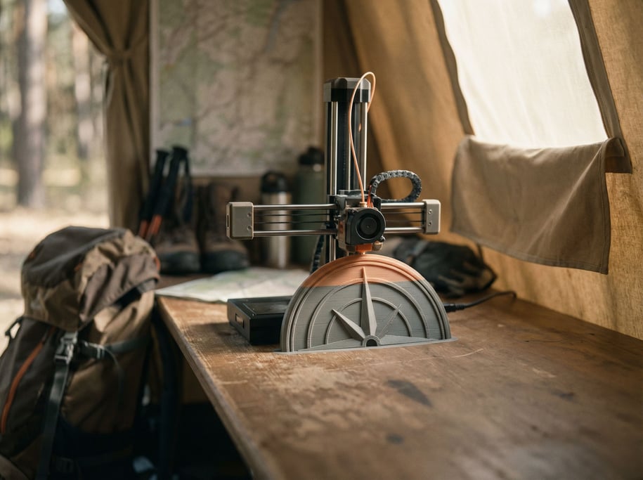 A 3D printer mid-print, filament extruding layer by layer, the object half-formed, macro detail (id4npk8)