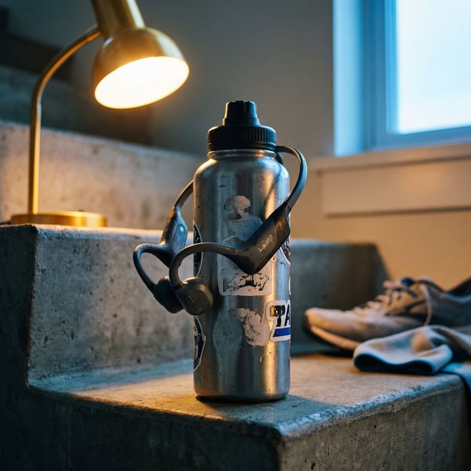 A pair of bone-conduction headphones draped over a water bottle, post-run setting, concrete steps
