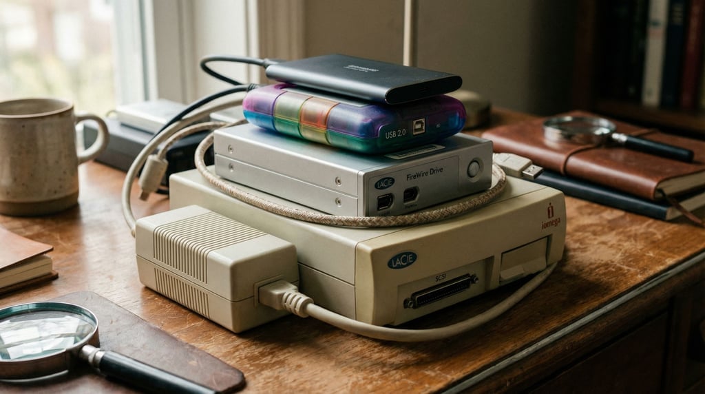 A stack of external hard drives on a desk, each a different era of design, technology archaeology (zjtabmne)