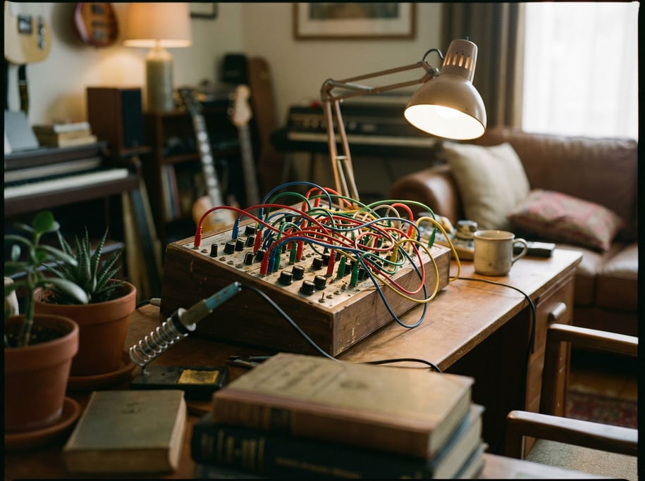 An analog synthesizer with patch cables tangled like colored vines, knobs and switches in macro (ccraonx)