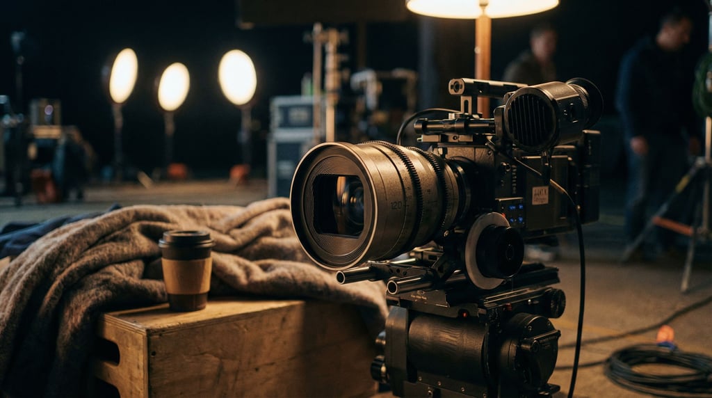 An anamorphic cinema lens on a camera rig, oval bokeh visible in the background, film set (u)
