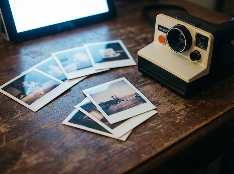 Polaroid photos scattered around an instant camera on a dark wood surface (ytqrqtfo)