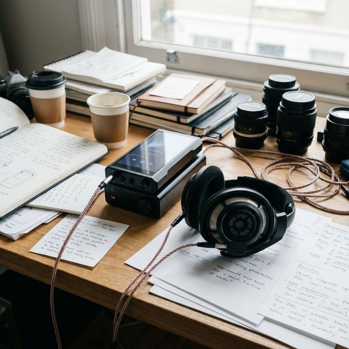 A portable DAC/amp stack connected to high-end earphones, audiophile desktop setup (fgyxlpbw)
