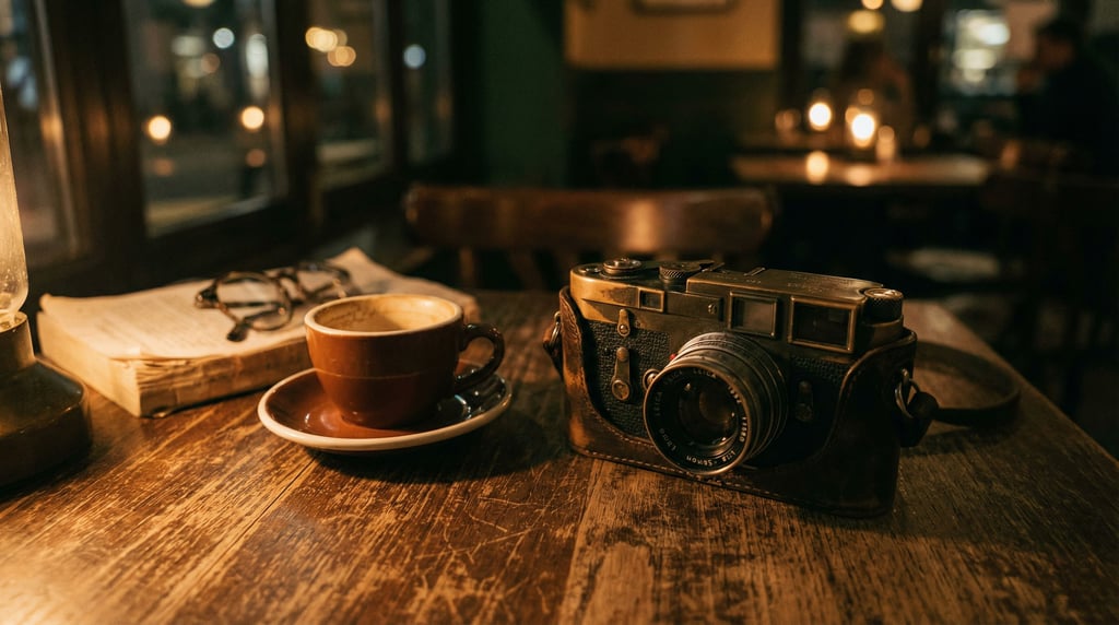 A Leica rangefinder on a cafe table next to an espresso, brass patina from decades of use (q3kmjp9n)