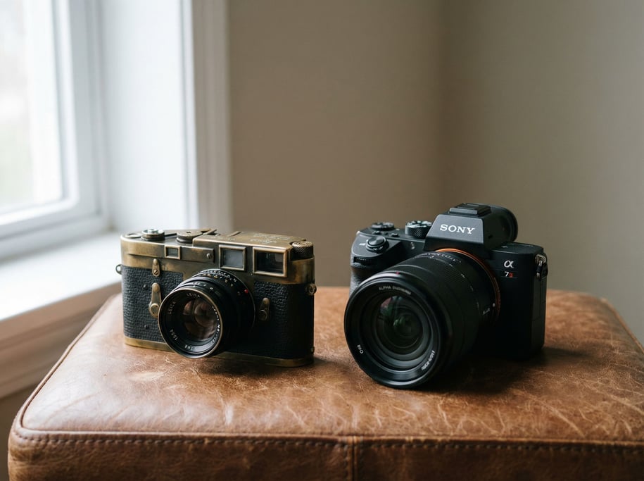 A vintage film camera next to a modern mirrorless body on weathered leather, generational contrast (2)