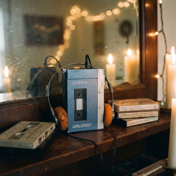 A vintage Walkman with foam headphones on a wooden shelf next to cassette tapes