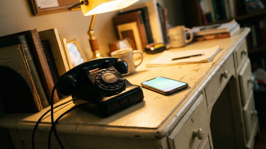 An old rotary phone next to a modern smartphone, both on a white surface, decades between them (24bw7ujj)