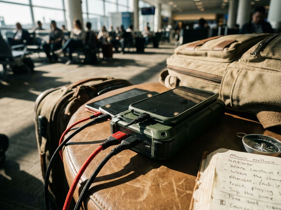 A power bank connected to two devices via braided cables, travel bag context, airport lounge (srt1w46)
