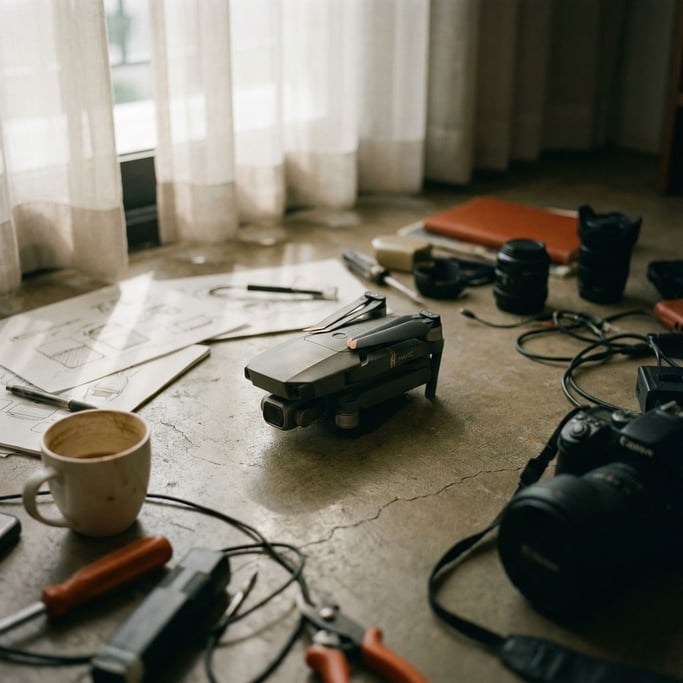 A drone folded on a clean concrete surface, propellers tucked, diffused light from above (gkzgbxdq)