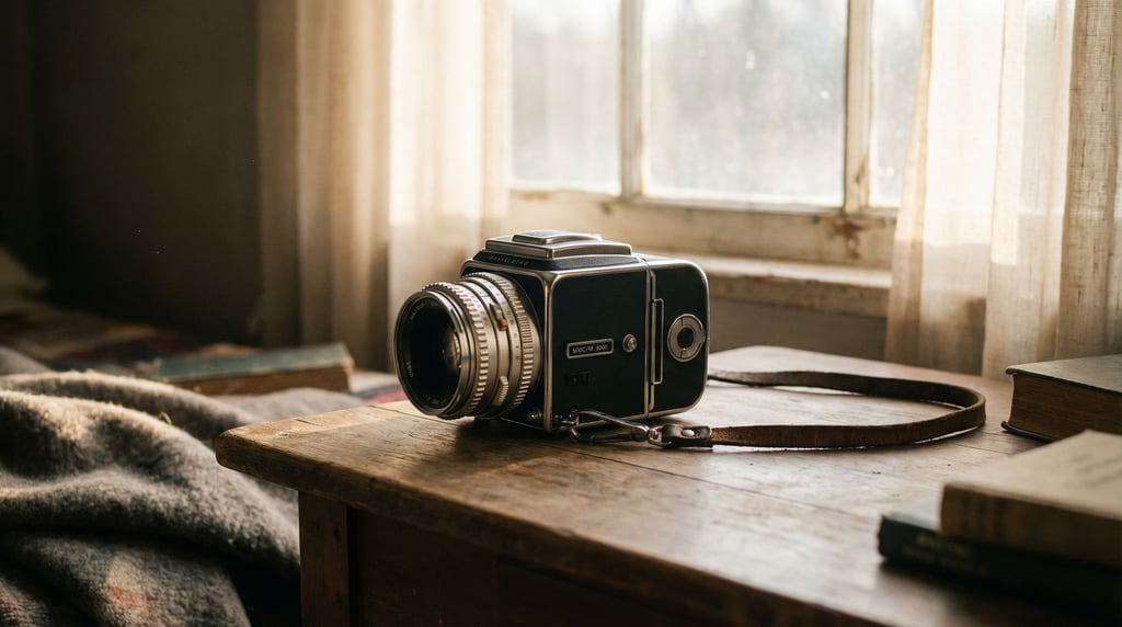 A Hasselblad medium format camera body on a leather strap, chrome details catching window light (kklq9fwu)