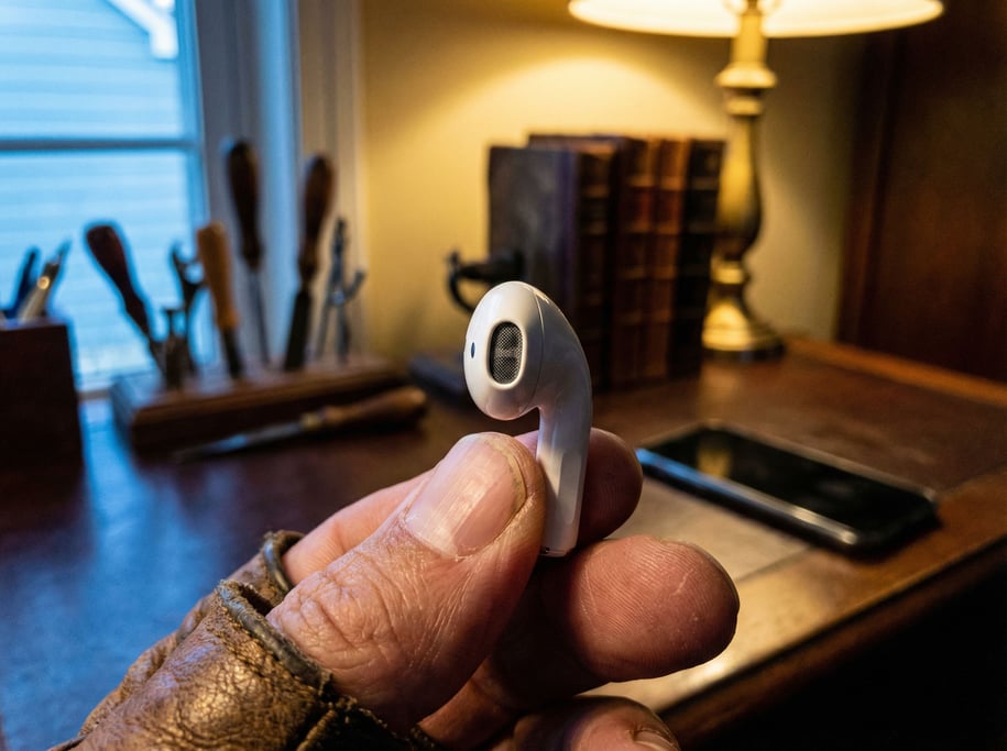 A hand holding a single AirPod between thumb and forefinger, macro on the mesh and seams