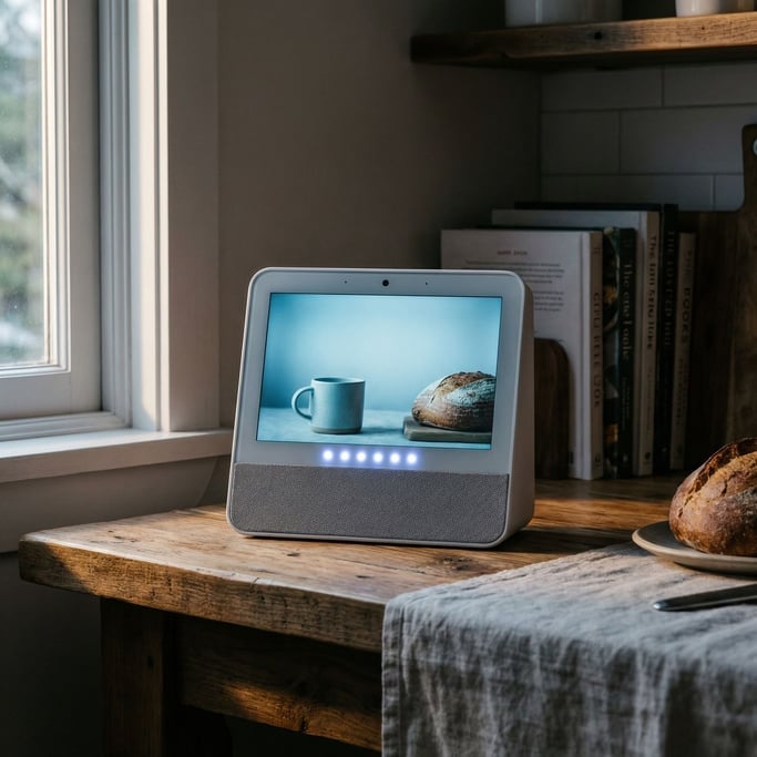 A smart home hub on a kitchen counter, status lights pulsing, integrated into daily life (pmsmwpmv)
