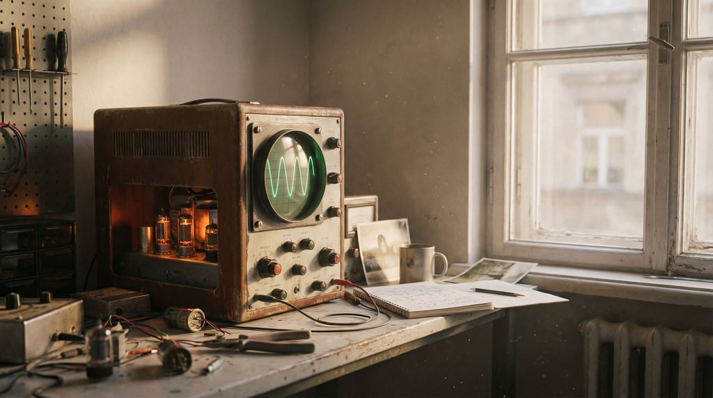 A vintage oscilloscope with green phosphor traces, warm tube glow, electronics workshop setting (9we3mx7h)