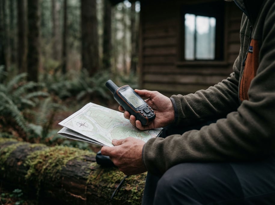 A handheld GPS unit on a topographic map, forest setting, explorer's hands holding both (3fvfw7oy)