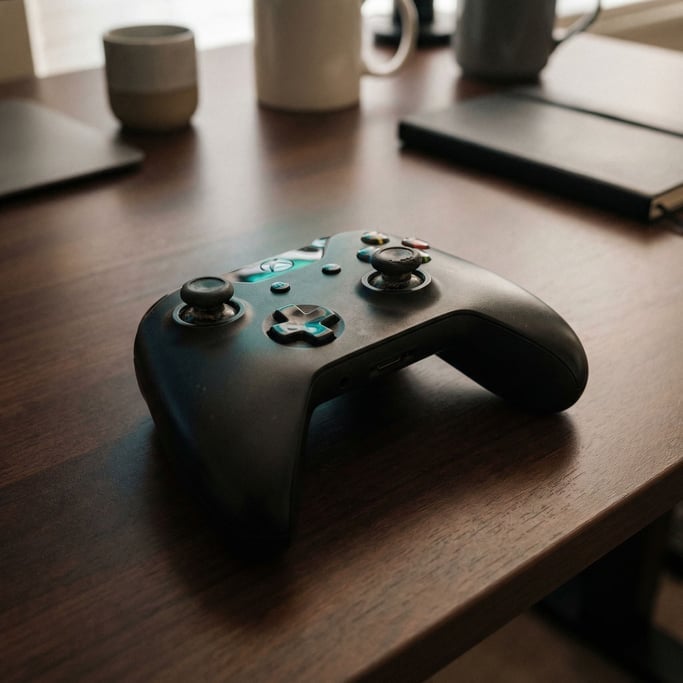 A gaming controller with worn thumbsticks on a dark wood desk, screen glow reflected in the buttons