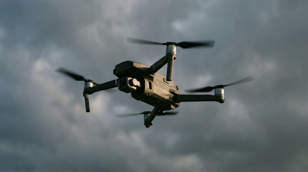 A drone mid-flight against an overcast sky, propellers blurred, body sharp, shot from below (vph4t3sn)