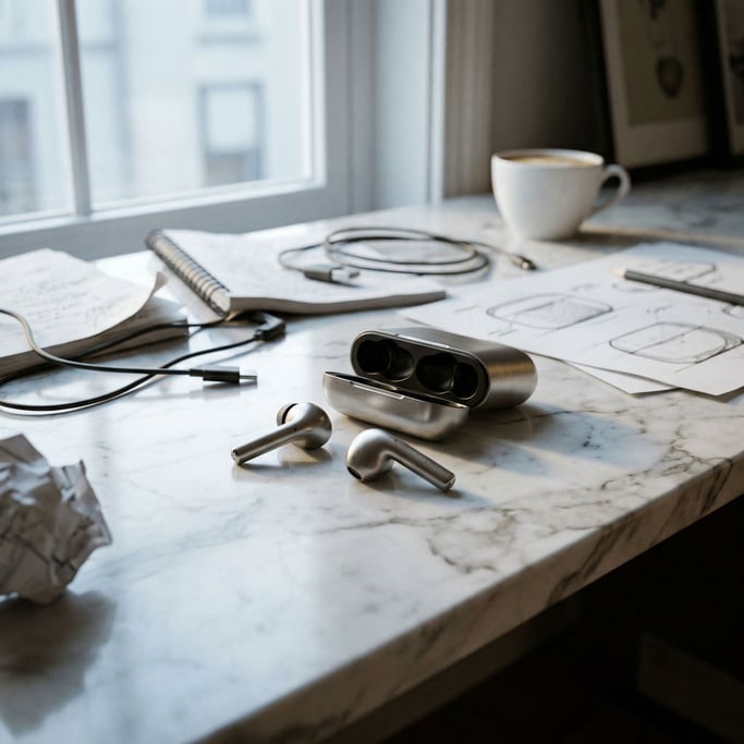 Earbuds spilling from their case onto a marble surface, morning light catching the metallic finish (wcjwnadh)