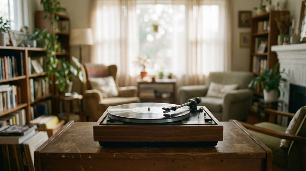 A record player with vinyl spinning, needle in the groove, soft bokeh from behind (9fgfmvn9)