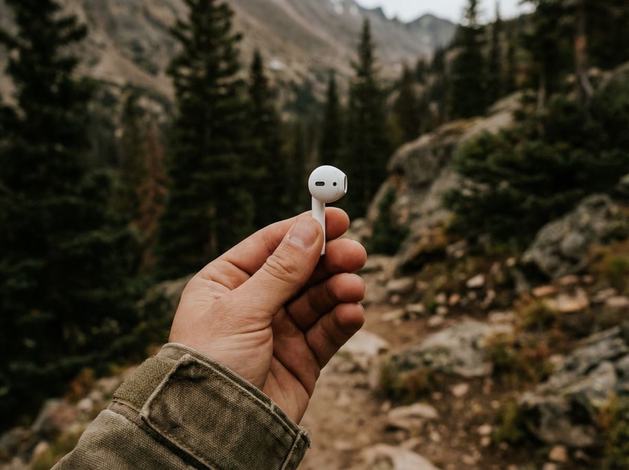 A hand holding a single AirPod between thumb and forefinger, macro on the mesh and seams (evcqflft)