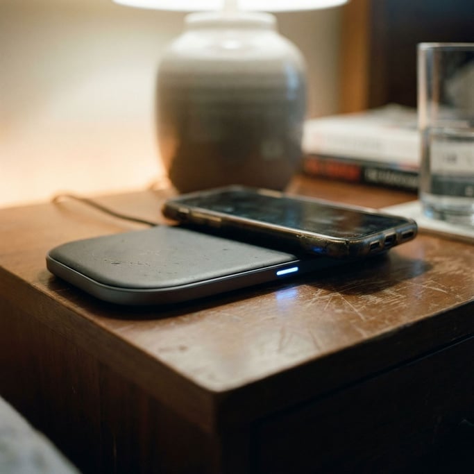A wireless charging pad with a phone resting on it, soft LED indicator glowing, nightstand setting (z4fib7h)