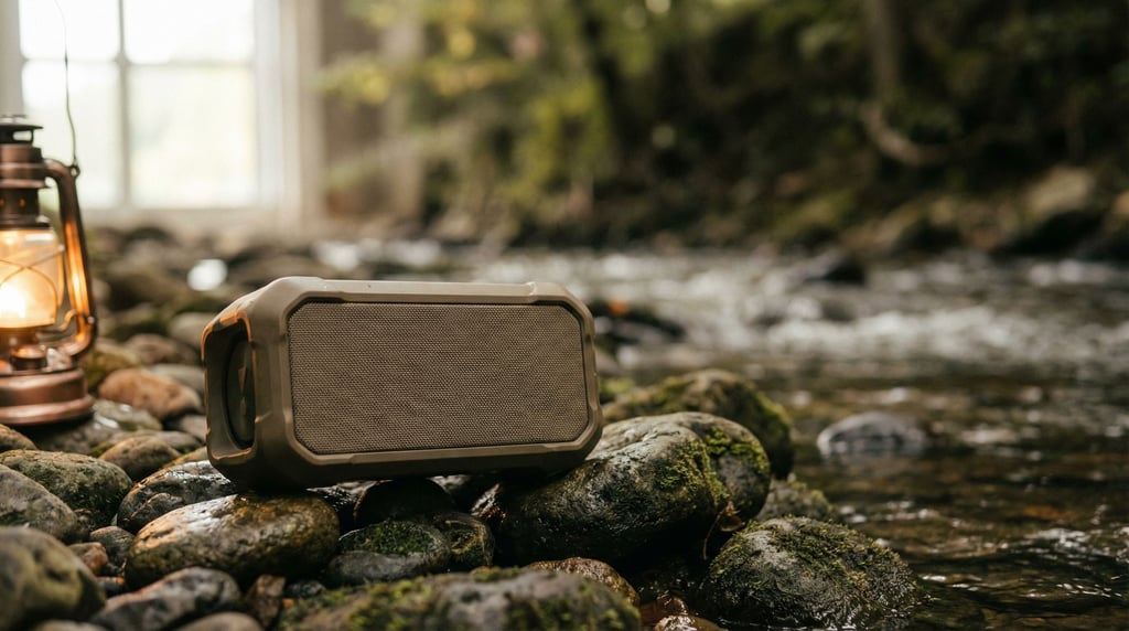 A portable Bluetooth speaker on wet river rocks beside a stream, outdoor ambient light (gmgmkfcx)