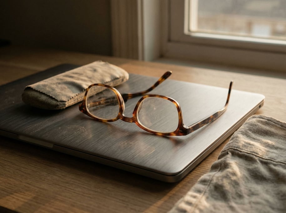 A pair of reading glasses resting on a closed laptop, late afternoon window light (dsrs56i3)