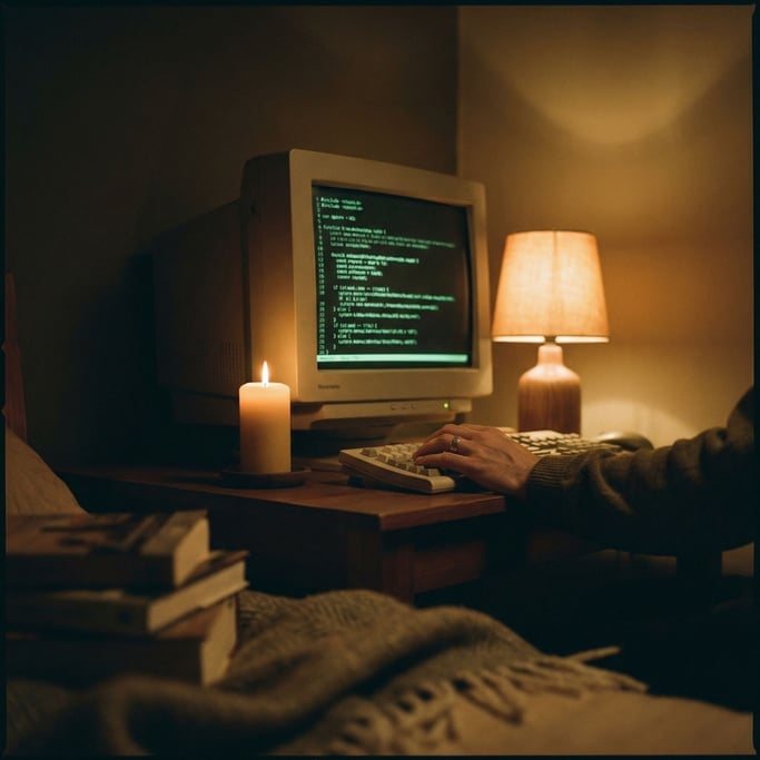 A monitor displaying code, shot from the side at an angle, ambient room light (eovustfn)