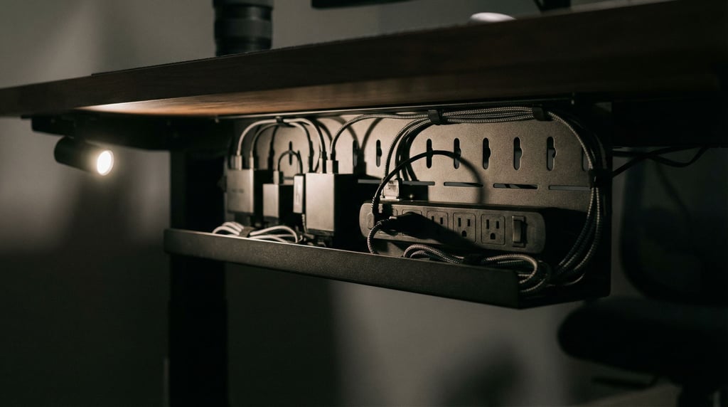 A cable management tray under a desk, neatly organized power strips and adapters, satisfying order (iojgs8cz)