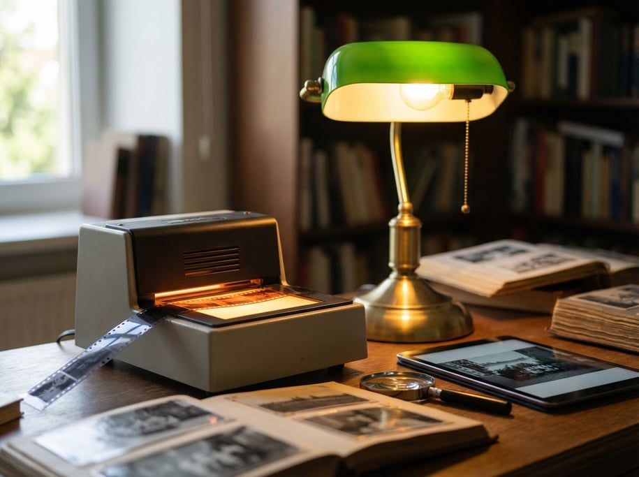 A film scanner with a strip of 35mm negatives threading through, orange glow of the light bed (ym7mnqeg)