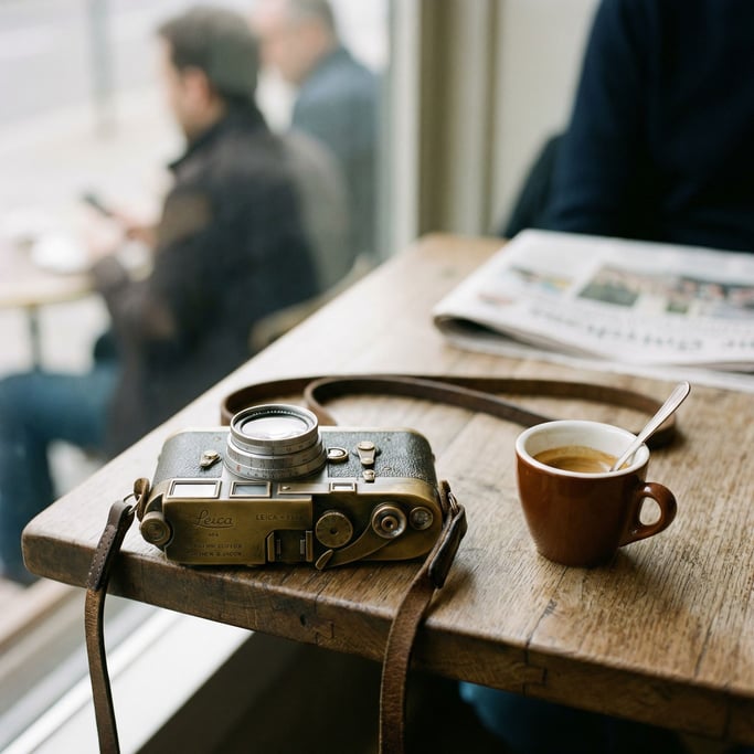A Leica rangefinder on a cafe table next to an espresso, brass patina from decades of use (fd)
