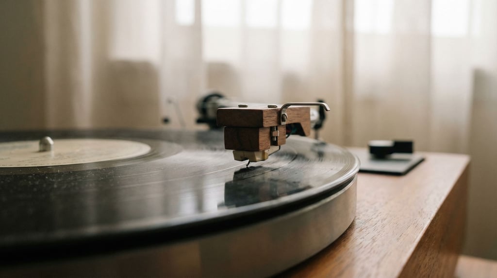 A turntable cartridge and stylus in extreme macro, diamond tip visible, vinyl grooves below (j4hunh7j)