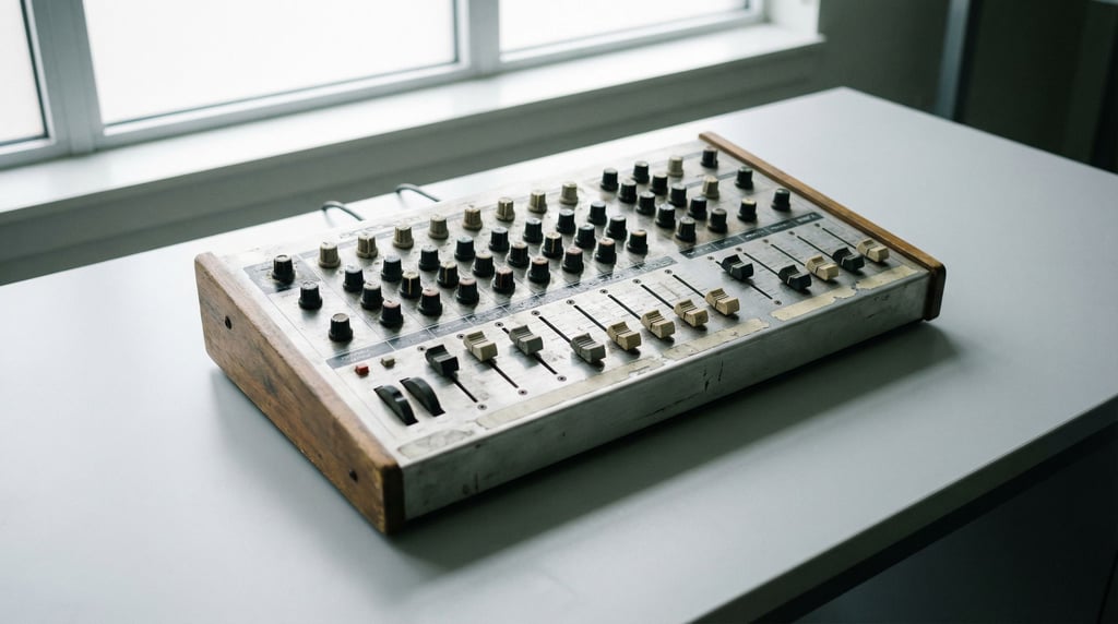 A MIDI controller with knobs and sliders, soft overhead light revealing surface wear (mjjykpug)