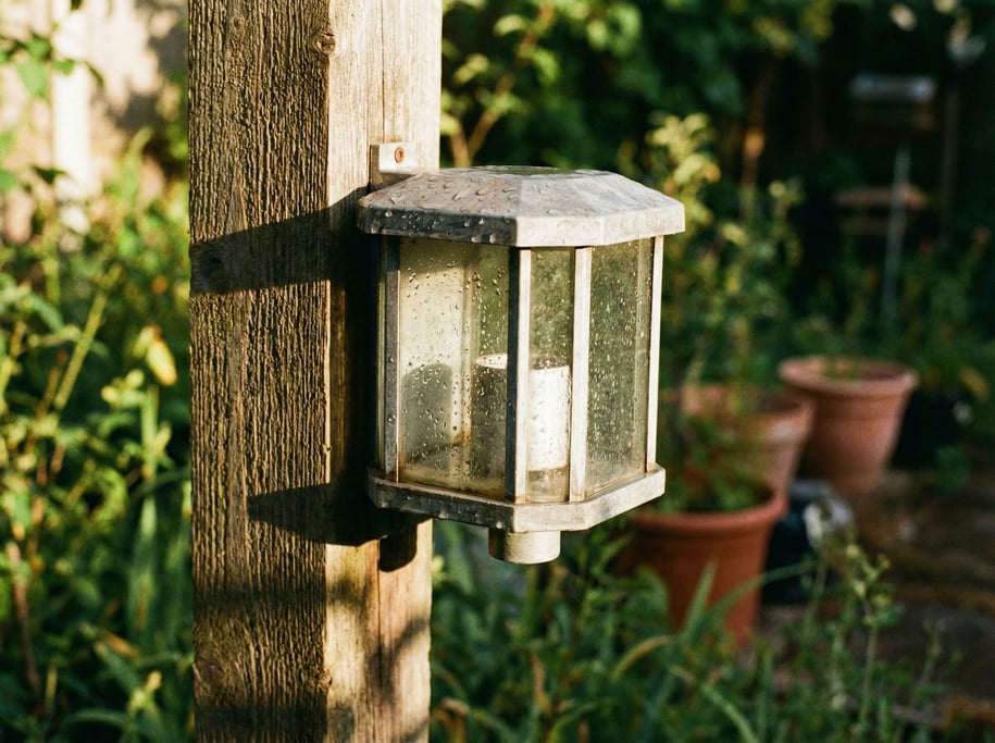 A weather station sensor mounted on a wooden post, rain droplets on the housing, garden setting
