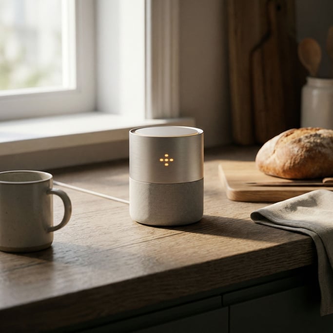 A smart home hub on a kitchen counter, status lights pulsing, integrated into daily life (2eqb7jom)