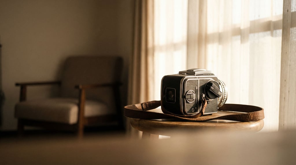 A Hasselblad medium format camera body on a leather strap, chrome details catching window light (wdc)