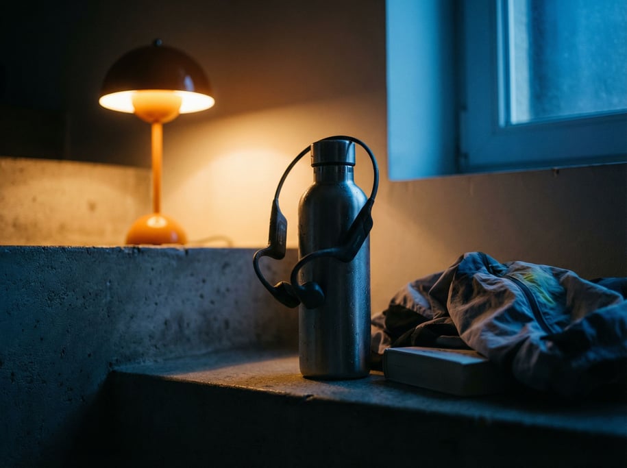 A pair of bone-conduction headphones draped over a water bottle, post-run setting, concrete steps (nhpv12lg)