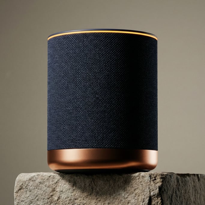 Close-up of a dark navy woven fabric wrapping a cylindrical smart speaker