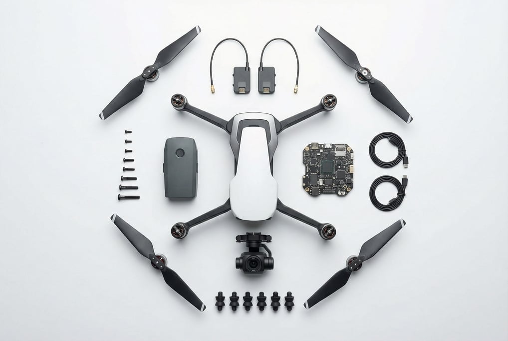 Shot from directly above: every component of a disassembled drone arranged on clean white in a precise grid